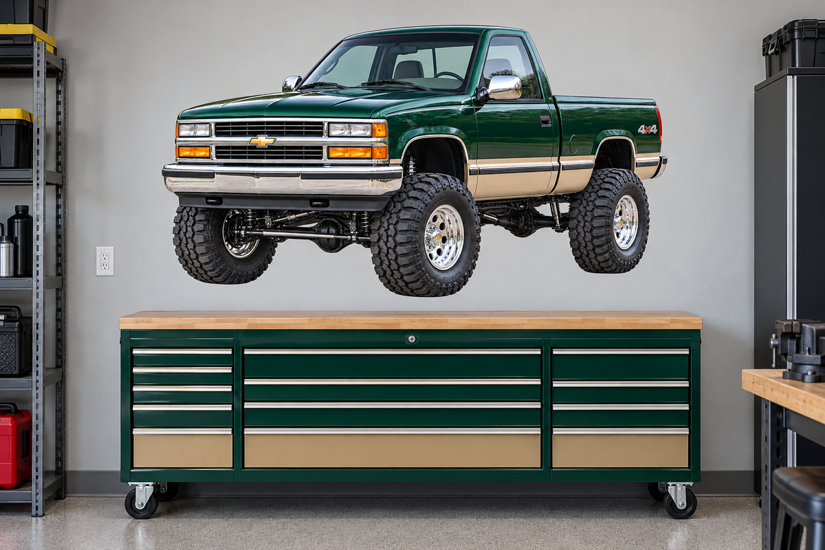 Forest Green & Tan 1996 Chevy K1500 OBS4x4 garage wall decal preview