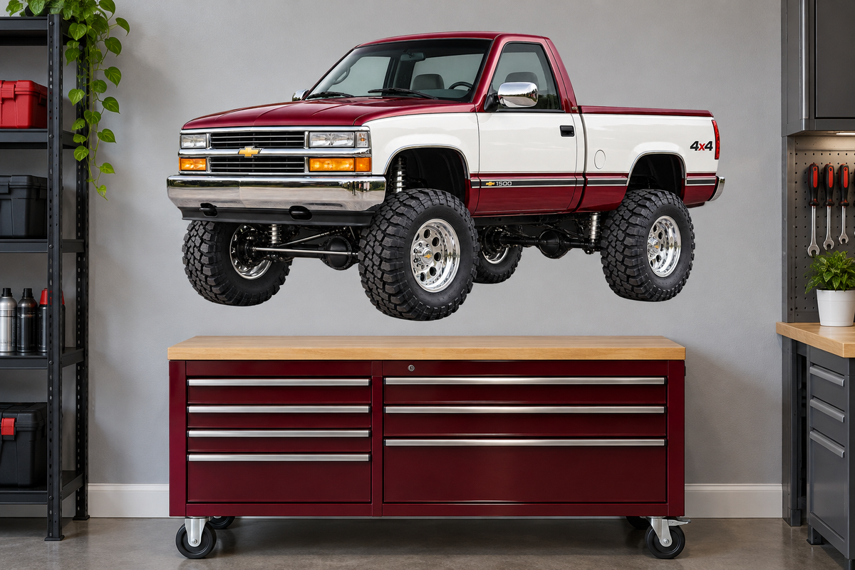 Pearl White & Burgundy 1996 Chevy K1500 OBS4x4 garage wall decal preview