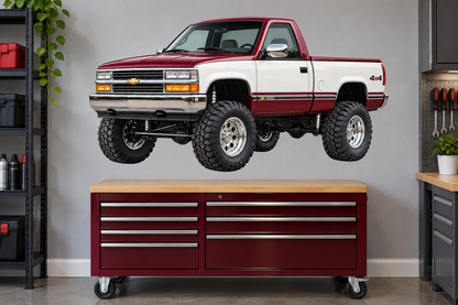 Pearl White & Burgundy 1996 Chevy K1500 OBS4x4 garage wall decal preview