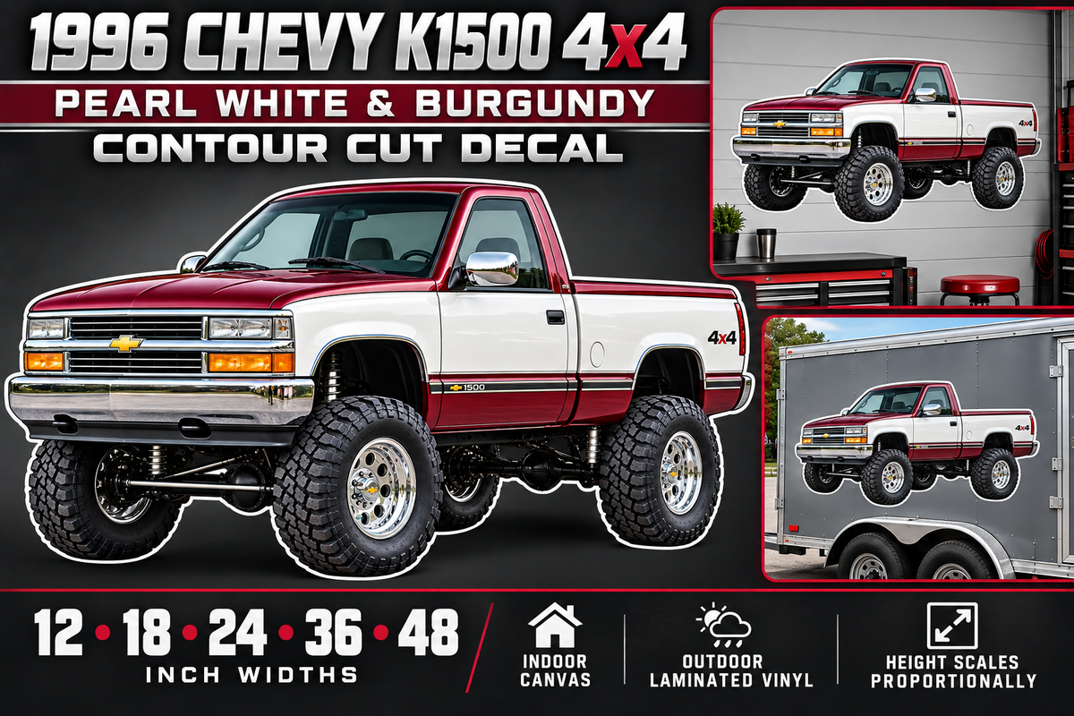 Pearl White & Burgundy 1996 Chevy K1500 OBS4x4 decal product showcase