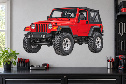1997 Jeep Wrangler TJ Flame Red garage wall decal mockup