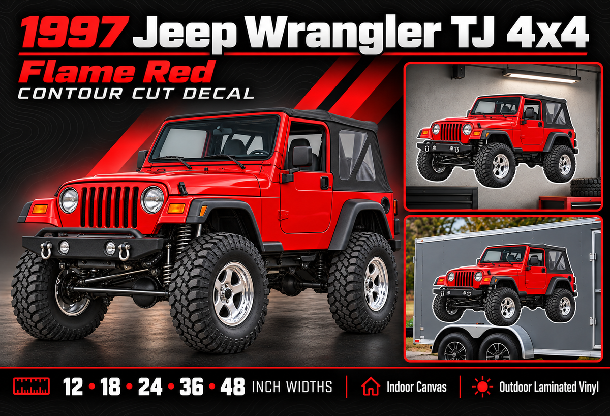1997 Jeep Wrangler TJ Flame Red summary with size and material options