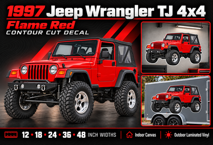 1997 Jeep Wrangler TJ Flame Red summary with size and material options
