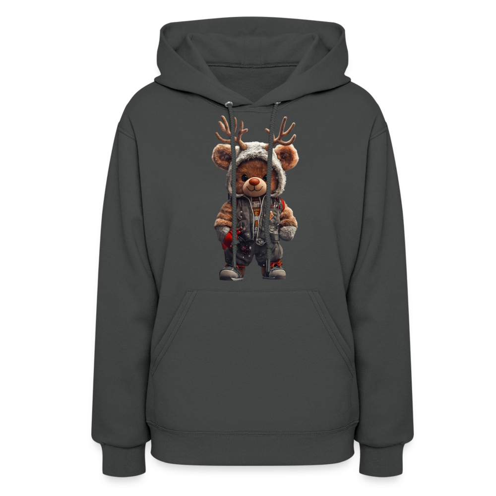 Gangster Hooded Christmas Red Nose Teddy Bear With Antlers (Design G) Women's Hoodie - asphalt