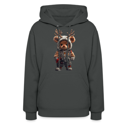 Gangster Hooded Christmas Red Nose Teddy Bear With Antlers (Design G) Women's Hoodie - asphalt