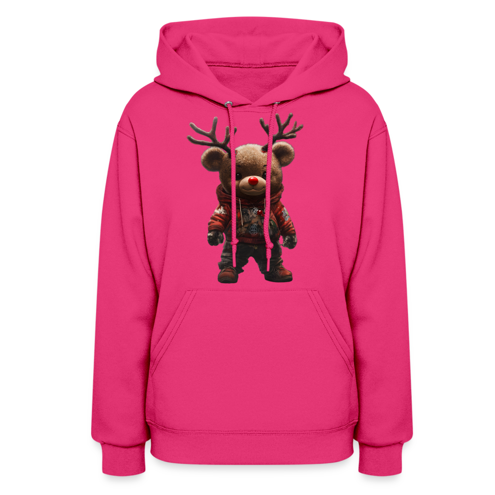 Gangster Christmas Teddy Bear With Antlers (Design E) Women's Hoodie - fuchsia