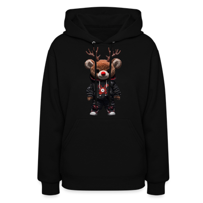 Gangster Christmas Red Nose Teddy Bear With Antlers (Design H) Women's Hoodie - black
