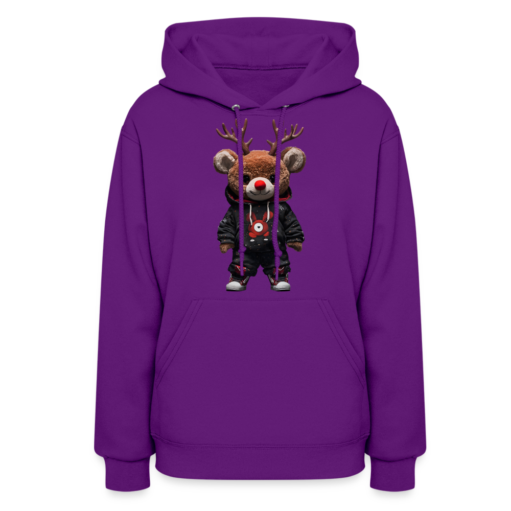 Gangster Christmas Red Nose Teddy Bear With Antlers (Design H) Women's Hoodie - purple