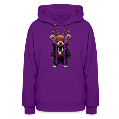 Gangster Christmas Red Nose Teddy Bear With Antlers (Design H) Women's Hoodie - purple