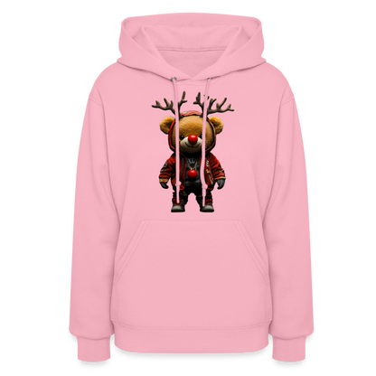 Gangster Christmas Red Nose Teddy Bear With Antlers (Design F) Women's Hoodie - classic pink