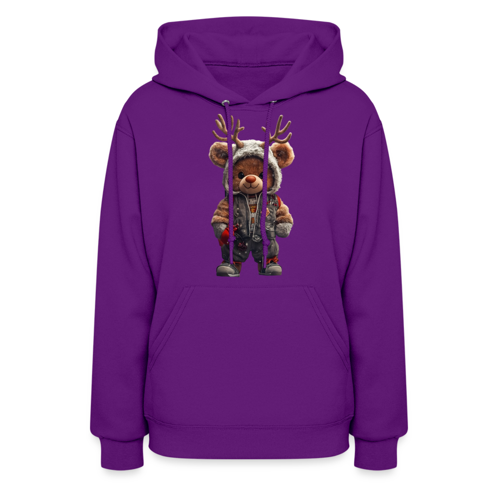 Gangster Hooded Christmas Red Nose Teddy Bear With Antlers (Design G) Women's Hoodie - purple