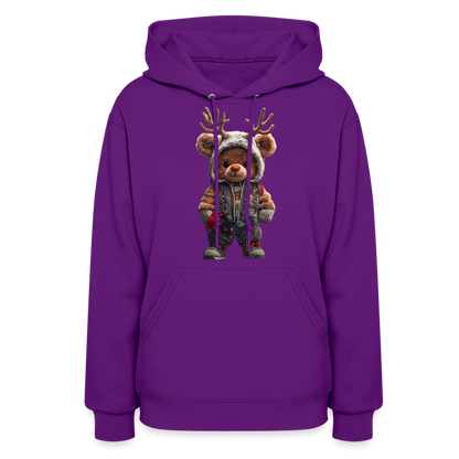 Gangster Hooded Christmas Red Nose Teddy Bear With Antlers (Design G) Women's Hoodie - purple