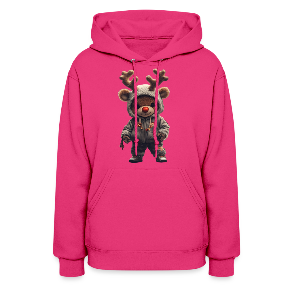Gangster Hooded Christmas Red Nose Teddy Bear With Antlers (Design I) Women's Hoodie - fuchsia