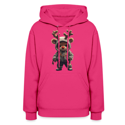 Gangster Hooded Christmas Red Nose Teddy Bear With Antlers (Design I) Women's Hoodie - fuchsia