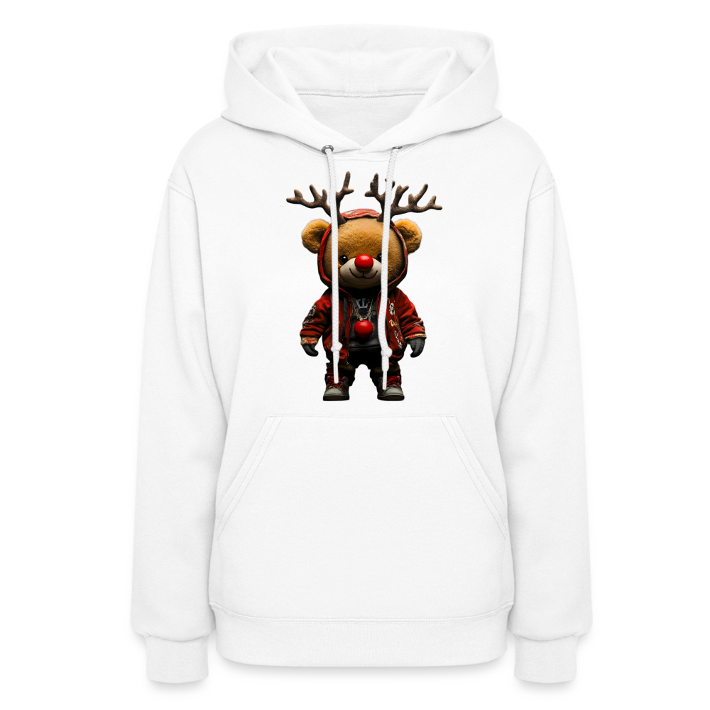 Gangster Christmas Red Nose Teddy Bear With Antlers (Design F) Women's Hoodie - white