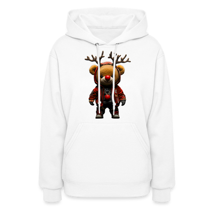Gangster Christmas Red Nose Teddy Bear With Antlers (Design F) Women's Hoodie - white