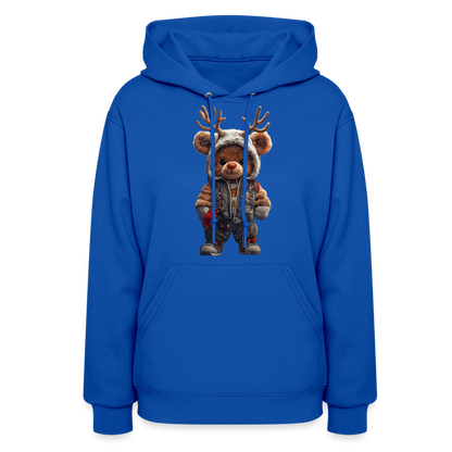 Gangster Hooded Christmas Red Nose Teddy Bear With Antlers (Design G) Women's Hoodie - royal blue