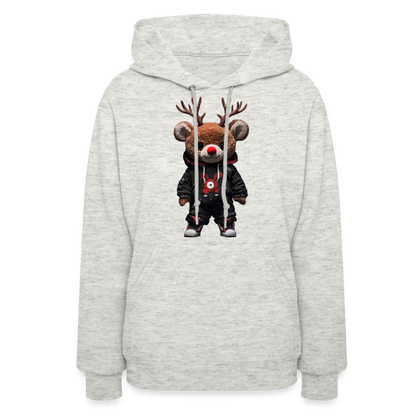 Gangster Christmas Red Nose Teddy Bear With Antlers (Design H) Women's Hoodie - heather oatmeal