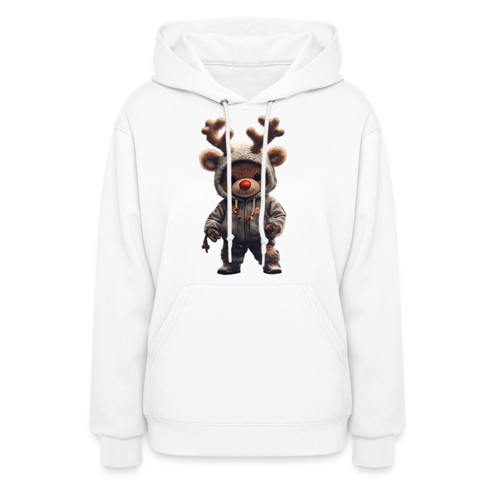Gangster Hooded Christmas Red Nose Teddy Bear With Antlers (Design I) Women's Hoodie - white