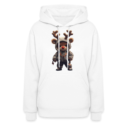 Gangster Hooded Christmas Red Nose Teddy Bear With Antlers (Design I) Women's Hoodie - white