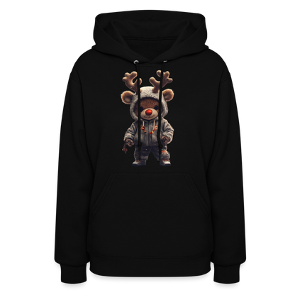 Gangster Hooded Christmas Red Nose Teddy Bear With Antlers (Design I) Women's Hoodie - black