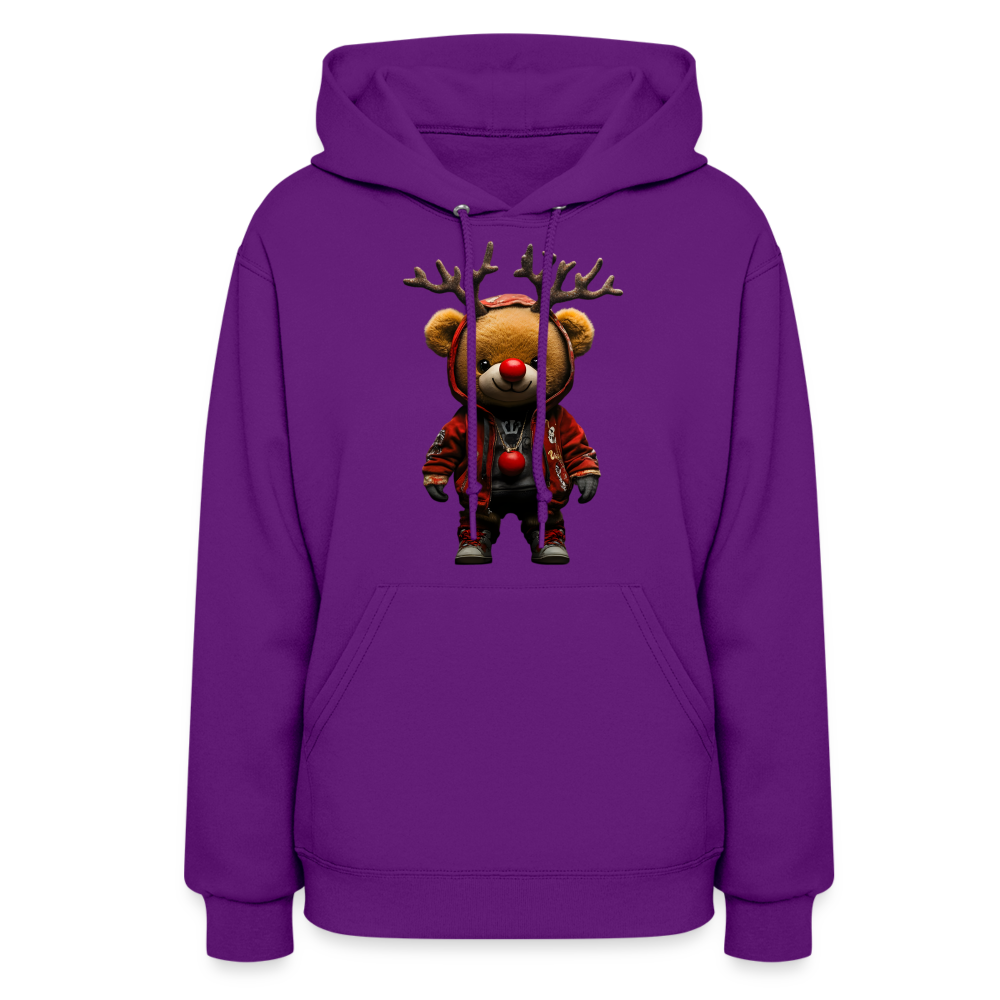 Gangster Christmas Red Nose Teddy Bear With Antlers (Design F) Women's Hoodie - purple