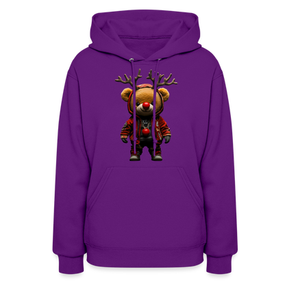 Gangster Christmas Red Nose Teddy Bear With Antlers (Design F) Women's Hoodie - purple