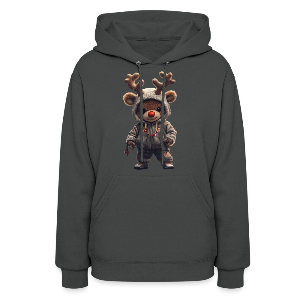 Gangster Hooded Christmas Red Nose Teddy Bear With Antlers (Design I) Women's Hoodie - asphalt