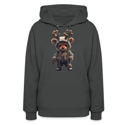 Gangster Hooded Christmas Red Nose Teddy Bear With Antlers (Design I) Women's Hoodie - asphalt
