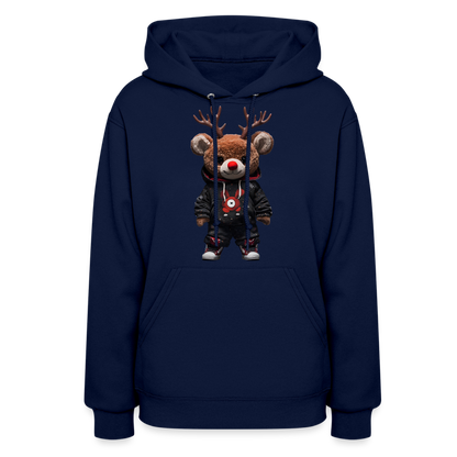 Gangster Christmas Red Nose Teddy Bear With Antlers (Design H) Women's Hoodie - navy