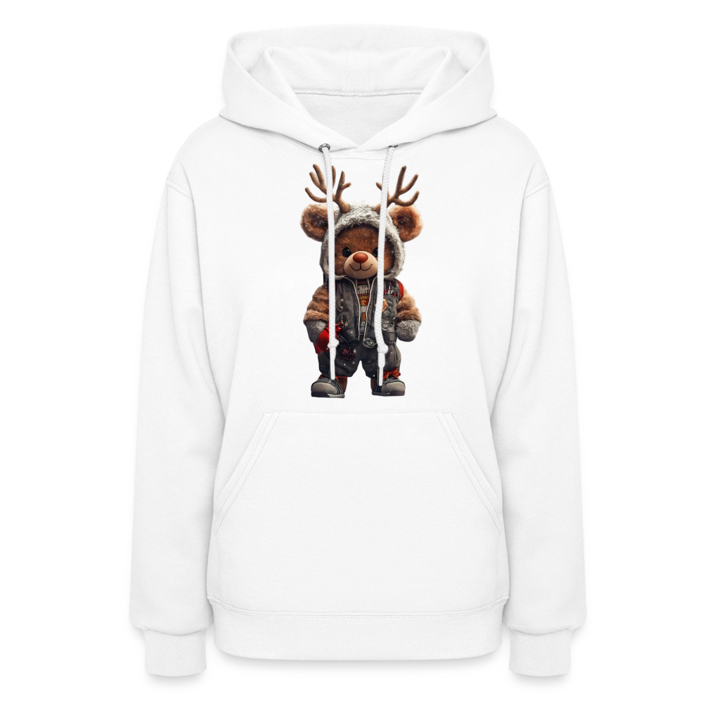 Gangster Hooded Christmas Red Nose Teddy Bear With Antlers (Design G) Women's Hoodie - white
