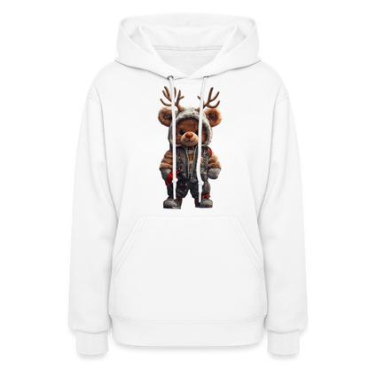 Gangster Hooded Christmas Red Nose Teddy Bear With Antlers (Design G) Women's Hoodie - white