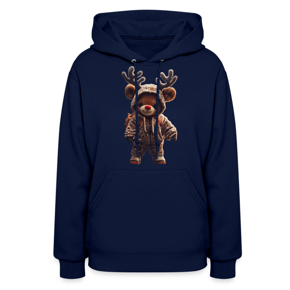 Gangster Hooded Christmas Red Nose Teddy Bear With Antlers (Design J) Women's Hoodie - navy