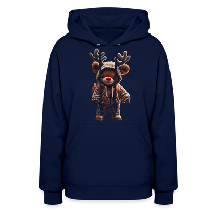 Gangster Hooded Christmas Red Nose Teddy Bear With Antlers (Design J) Women's Hoodie - navy