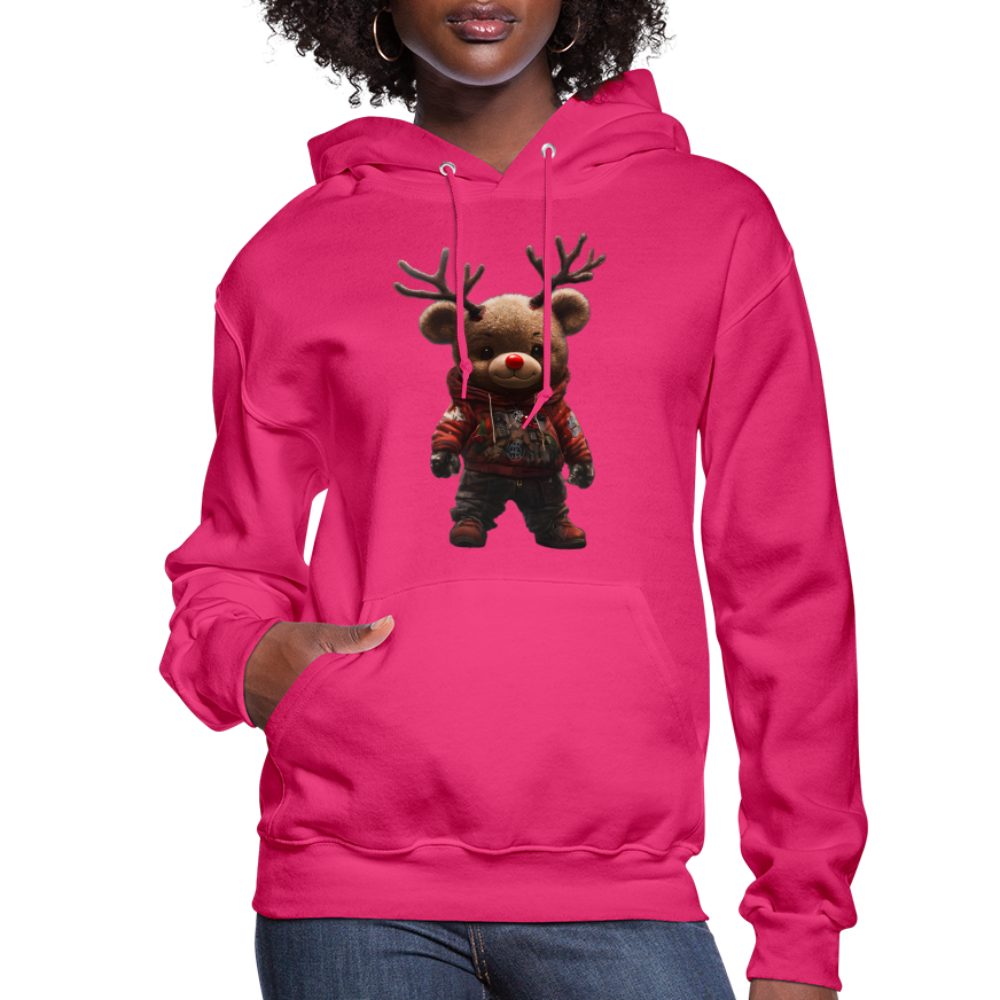 Gangster Christmas Teddy Bear With Antlers (Design E) Women's Hoodie - fuchsia