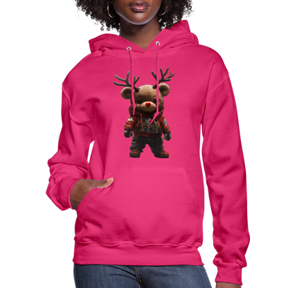 Gangster Christmas Teddy Bear With Antlers (Design E) Women's Hoodie - fuchsia