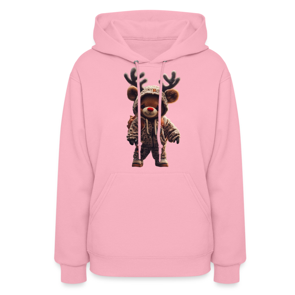Gangster Hooded Christmas Red Nose Teddy Bear With Antlers (Design J) Women's Hoodie - classic pink
