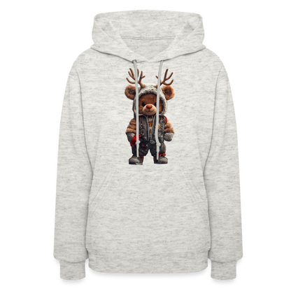 Gangster Hooded Christmas Red Nose Teddy Bear With Antlers (Design G) Women's Hoodie - heather oatmeal