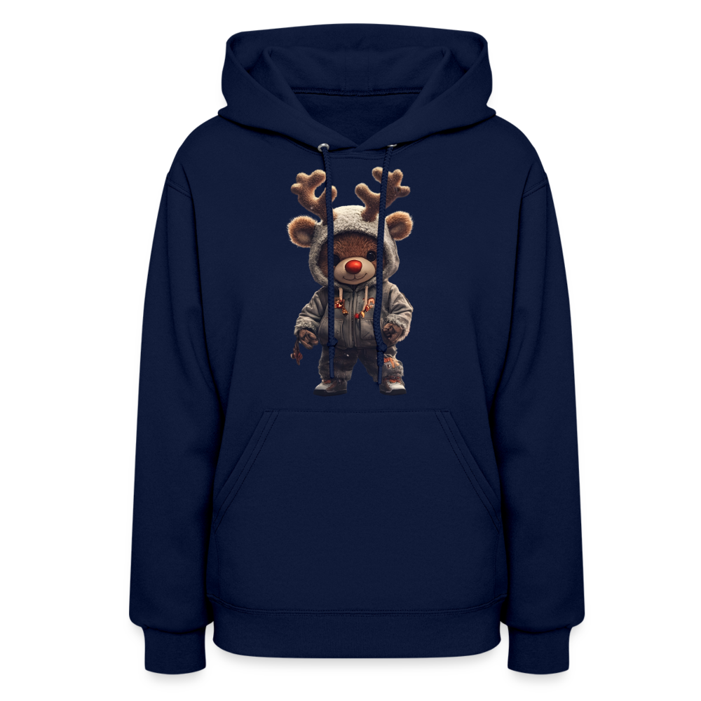 Gangster Hooded Christmas Red Nose Teddy Bear With Antlers (Design I) Women's Hoodie - navy