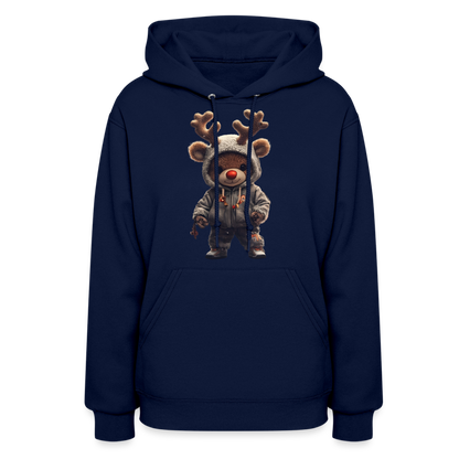 Gangster Hooded Christmas Red Nose Teddy Bear With Antlers (Design I) Women's Hoodie - navy