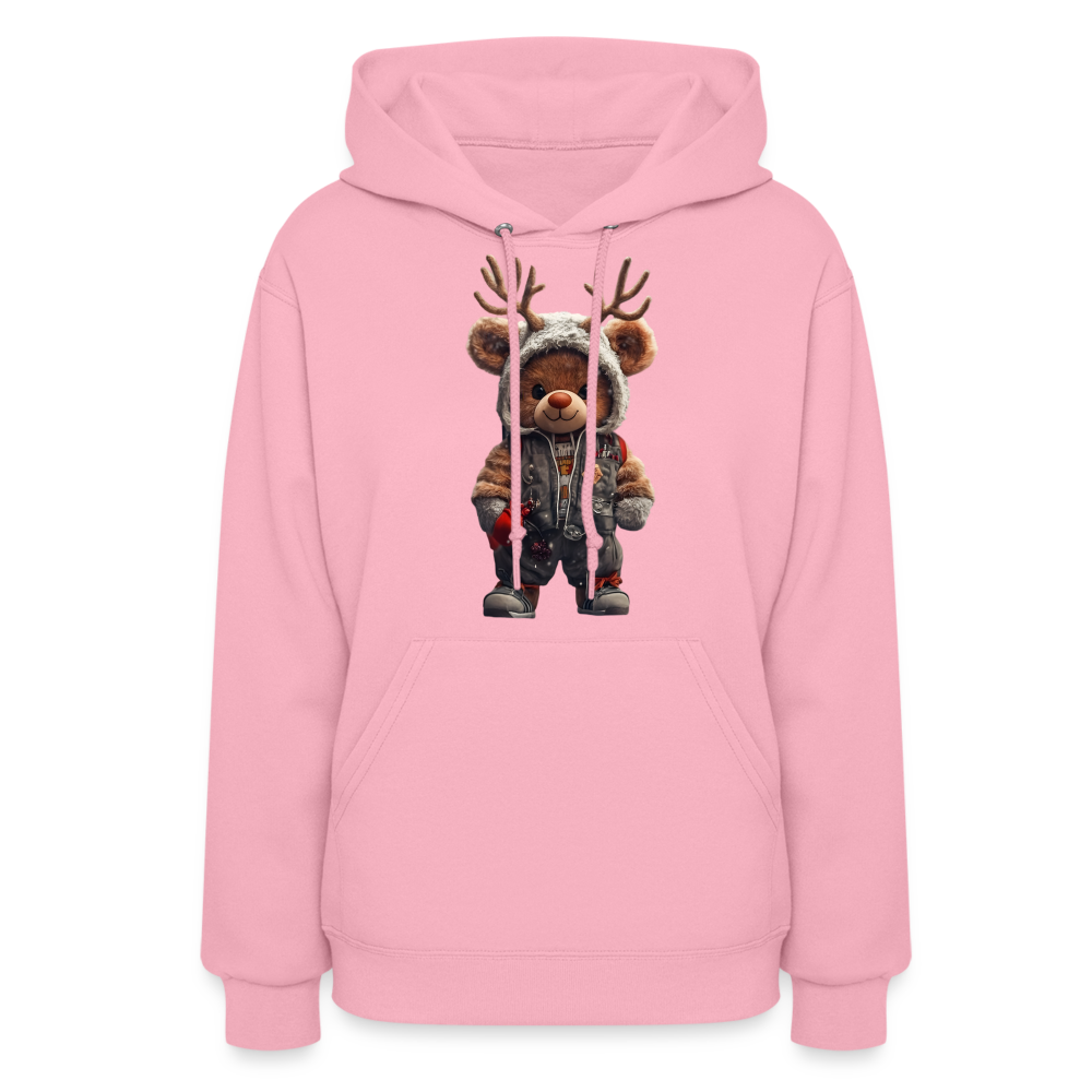 Gangster Hooded Christmas Red Nose Teddy Bear With Antlers (Design G) Women's Hoodie - classic pink