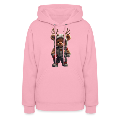 Gangster Hooded Christmas Red Nose Teddy Bear With Antlers (Design G) Women's Hoodie - classic pink