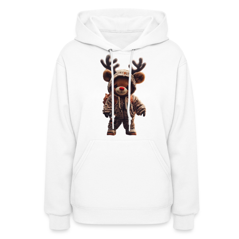 Gangster Hooded Christmas Red Nose Teddy Bear With Antlers (Design J) Women's Hoodie - white