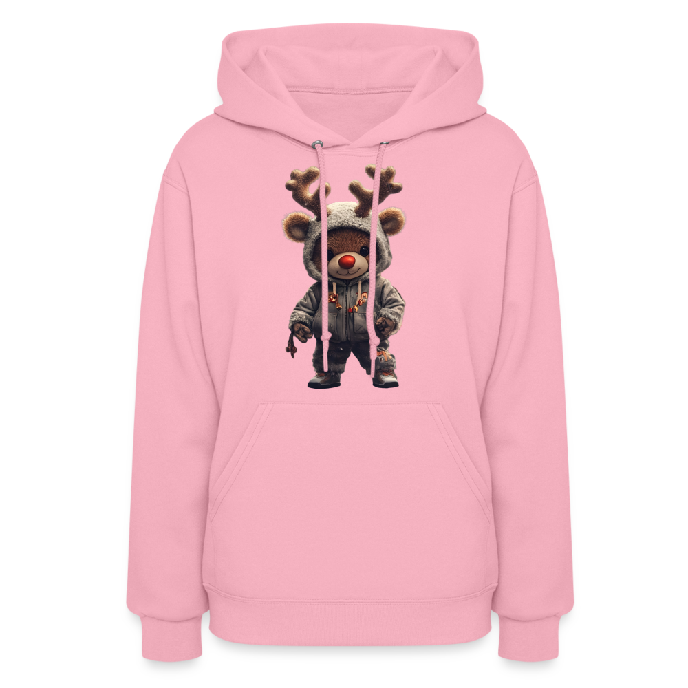 Gangster Hooded Christmas Red Nose Teddy Bear With Antlers (Design I) Women's Hoodie - classic pink