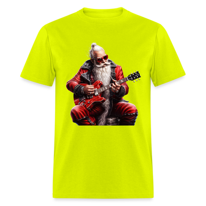 Santa Claus Hair Bun Playing Guitar Unisex Classic T-Shirt - safety green