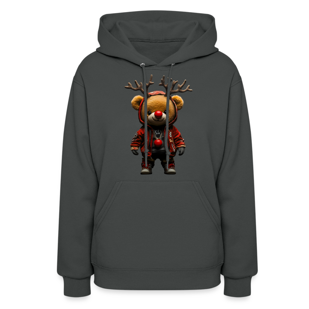 Gangster Christmas Red Nose Teddy Bear With Antlers (Design F) Women's Hoodie - asphalt