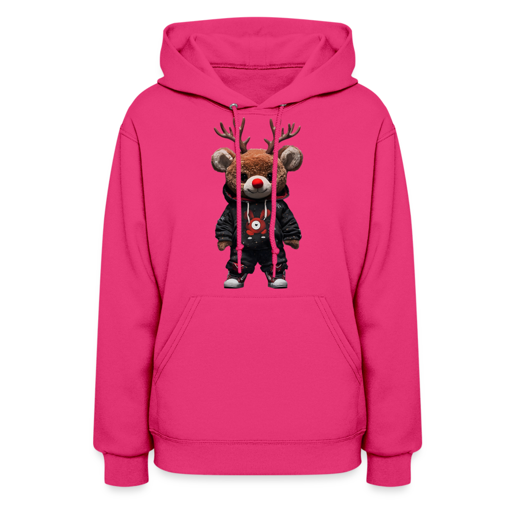 Gangster Christmas Red Nose Teddy Bear With Antlers (Design H) Women's Hoodie - fuchsia