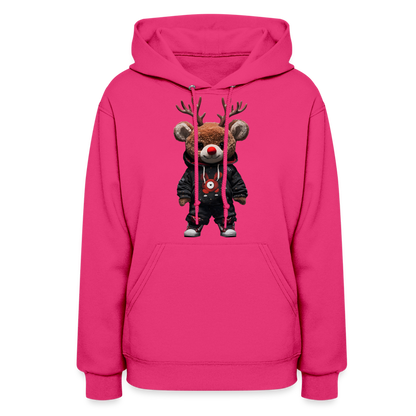 Gangster Christmas Red Nose Teddy Bear With Antlers (Design H) Women's Hoodie - fuchsia