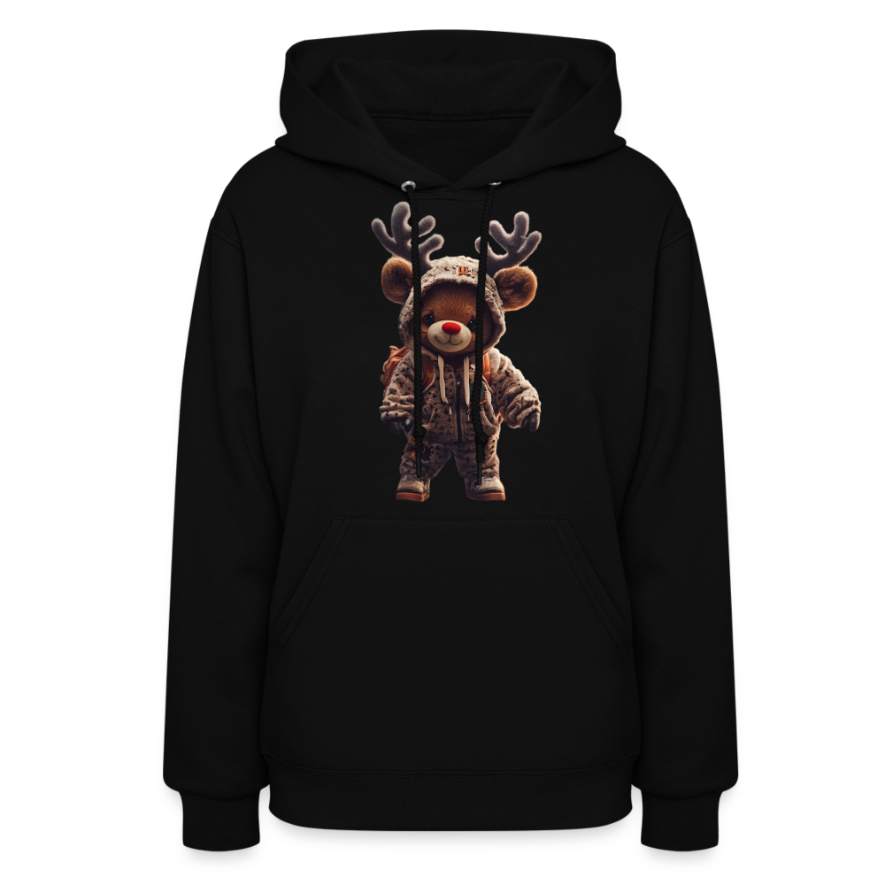 Gangster Hooded Christmas Red Nose Teddy Bear With Antlers (Design J) Women's Hoodie - black