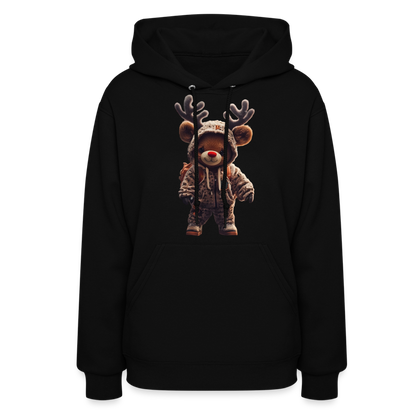 Gangster Hooded Christmas Red Nose Teddy Bear With Antlers (Design J) Women's Hoodie - black